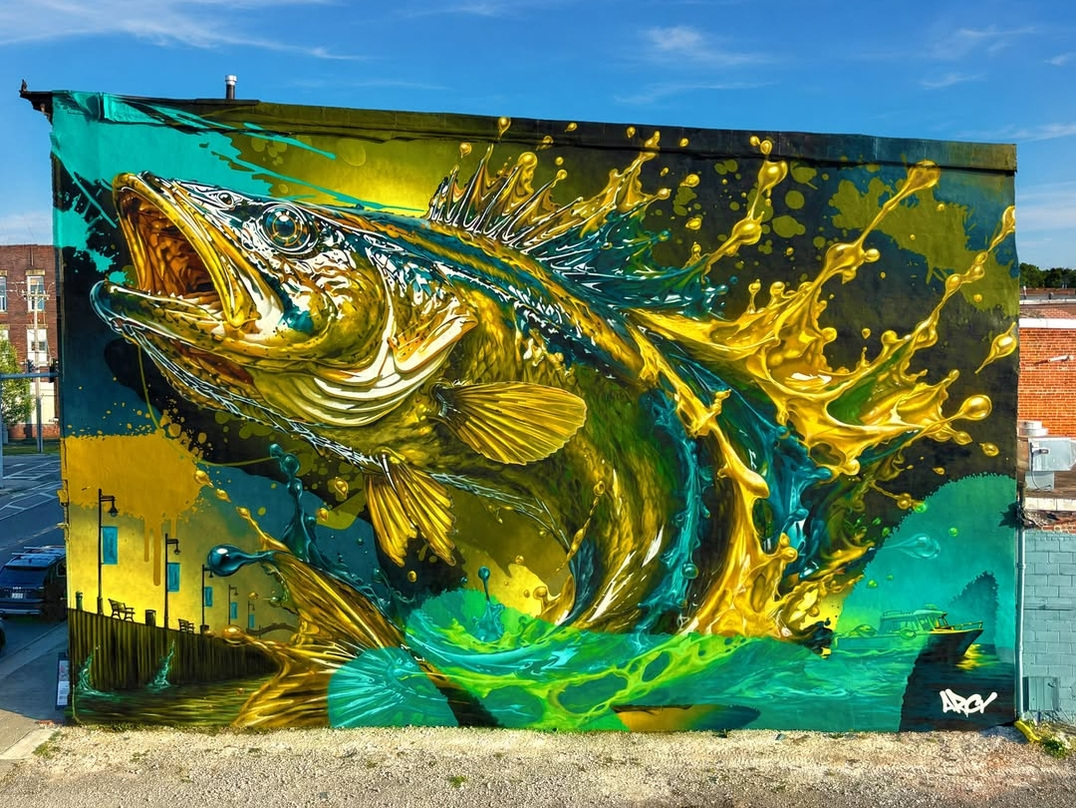 Just Breaking the Surface, a walleye mural by ARCY in Dunkirk, New York, USA.